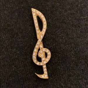 Vintage Treble clef pin / brooch, clear crystals